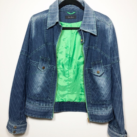 Givh Shyh Jean Jacket Zip Blue Neon Green Size M - Picture 2 of 8
